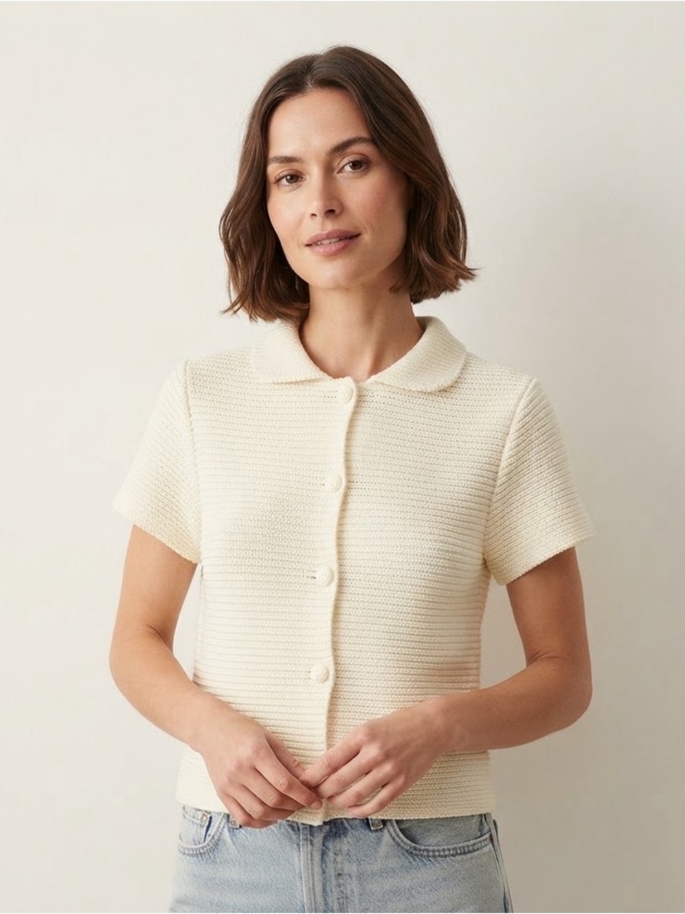 Zara Sz M Knit Off White Feminine Coquette Snap Front Cardigan Sweater